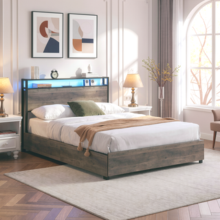 Sunvega Queen Bed Frame with Storage Headboard Charging Station and Smart LED Lights