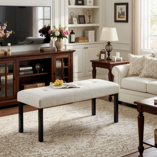 Sunvega Modern Tufted Linen Dining Bench with Black Rubber Wood Legs for Kitchen Entryway