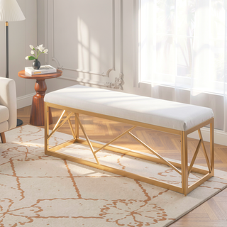 Sunvega Gold Metal Frame and White Velvet Upholstered Bench for Bedroom or Entryway