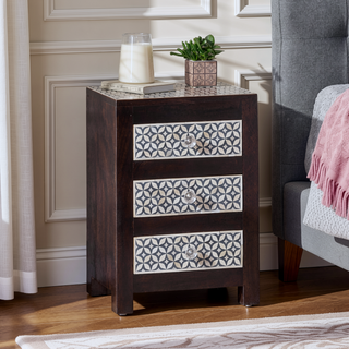Sunvega Handcrafted Mango Wood Nightstand with Buffalo Bone Inlay and Three Drawers