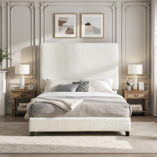 Sunvega Queen Size White Boucle Upholstered Platform Bed with Padded Headboard