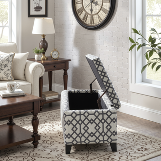 Sunvega Dark Brown Stained Legs Birch Wood Storage Bench Ottoman with Geometric Pattern