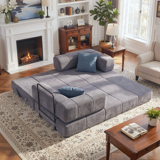 Sunvega High Quality Corduroy Folding Sofa Bed with 2 Pillows and Foam Spring Mattress