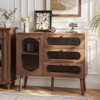 Sunvega Natural Wood Accent Cabinet with 3 Drawers and Storage Shelves