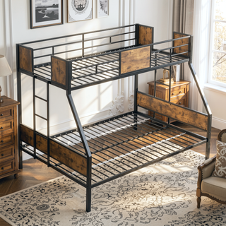 Sunvega Twin Over Full Metal Bunk Bed with Trundle and Guardrail for Bedroom