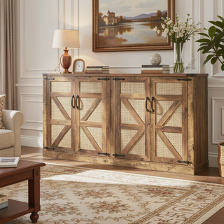 Sunvega 65-Inch Rustic Oak Faux Rattan Sideboard with Four Barn Doors for Living Room