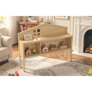 Sunvega Natural Wooden Montessori Floor Bed Frame with Fence and Door for Kids