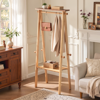 Sunvega Natural Finish Standing Garment Rack with Shelves and Knob Hooks