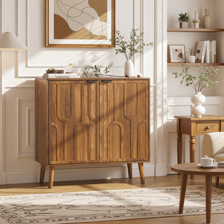Sunvega Walnut Farmhouse Buffet Cabinet with Slatted Door Design for Kitchen Dining Room