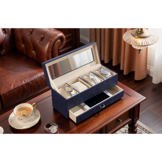Sunvega 9.3" Long Navy-Blue Textured Leatherette Jewelry and Watch Display with Drawers