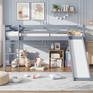 Sunvega Grey Twin Low Loft Bed with Slide, Ladder, and Safety Guardrails