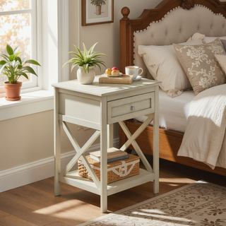 Sunvega Antique White Veneer Transitional End Table with Drawer and Shelf