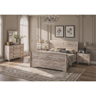 Sunvega White Wash Finish Queen Sleigh Bed Dresser Mirror and Nightstands Set