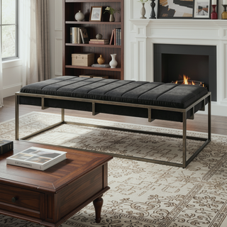Sunvega Modern Velvet Ottoman Bench with Plush Channel Pleating and Brass Finish