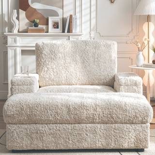 Sunvega Faux Rabbit Fur Sofa Bed with Storage Ottoman Cup Holders and Armrests