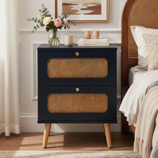 Sunvega Rattan Nightstand with Two Handmade Decorated Drawers for Bedroom and Living Room