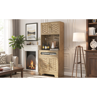 Sunvega Mid-Century Wood Storage Cabinet with 3 Woven Doors and Adjustable Shelf