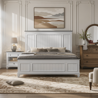 Sunvega King Bed and 2 Nightstands Set with Shiplap Panel and Modern Farmhouse Style