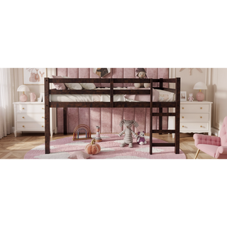 Sunvega Espresso Rubber Wood Low Height Loft Bed with Ladder for Bedroom