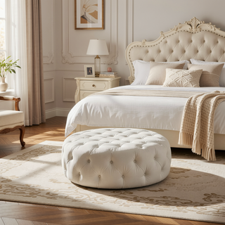 Sunvega Round Storage Ottoman with Faux Leather Upholstery and Tufted Design