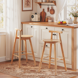Sunvega Natural Rubberwood Barstools with Cross Bar Backrest and Stable Structure Set of 2