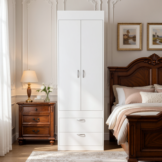 Sunvega White 70H" Double Door Cabinet with Two Drawers and Metal Handles