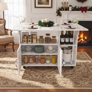 Sunvega Multi-Functional Folding Table with Storage Shelves and Wheels for Small Spaces
