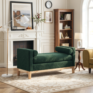 Sunvega Upholstered Bench with Wood Legs, Bolster Pillows for Bedroom, Living Room, Green