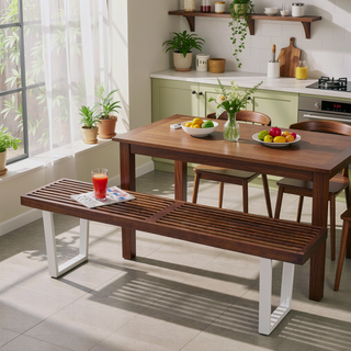 Sunvega Modern Acacia Wood Dining Bench with Iron Legs in Dark Brown and White