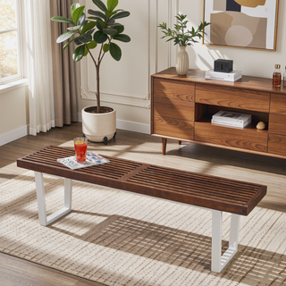 Sunvega Modern Acacia Wood Dining Bench with Iron Legs in Dark Brown and White