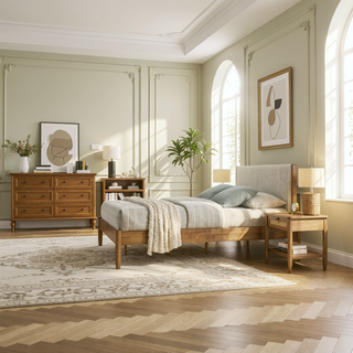 Sunvega Rubberwood Queen Bedroom Set with Corduroy Upholstered Bed Dresser Mirror Nightstand