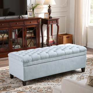 Sunvega Blue Fabric Storage Ottoman with Birch Legs for Living Room Seating