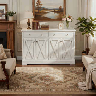 Sunvega Vintage White Sideboard with Two Drawers Four Doors and Adjustable Shelf