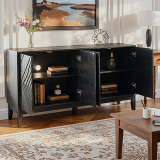 Sunvega Mid Century Modern Fluted Sideboard with Geometric Pattern and Adjustable Shelves