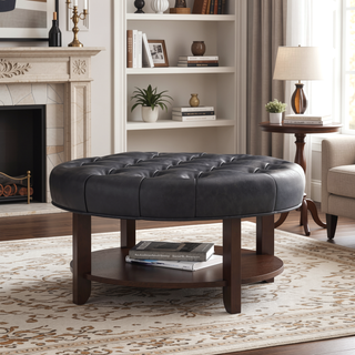 Sunvega Round Ottoman with Faux Leather Upholstery and Open Shelf for Living Room