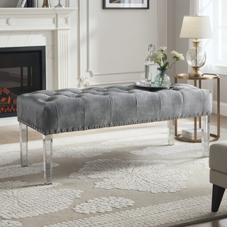 Sunvega Blue Velvet Upholstered Bench with Button Tufted Detail and Acrylic Legs