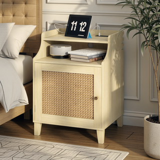 Sunvega Farmhouse Nightstand with Charging Station Rattan Door and Adjustable Shelf