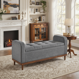 Sunvega Solid Wood Walnut Finish Tufted Dark Gray Upholstered Storage Bench with Lift Top