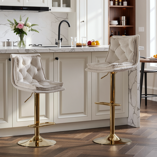 Sunvega Set of 2 Black Velvet Swivel Bar Stools with Chrome Footrest and Adjustable Height
