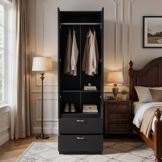 Sunvega Modern Black Wardrobe with Hanging Rod, Two Drawers, and One Shelf