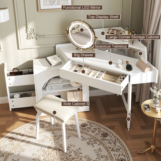 Sunvega White Corner Makeup Vanity Desk With Folding Mirror LED Lights And Stool