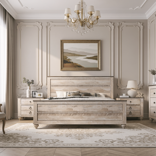Sunvega White Wash Finish Queen Bed and Two Nightstands with Antique Walnut Trim