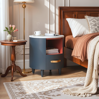 Sunvega Blue Round Nightstand with Storage Drawer and Open Shelf for Bedroom