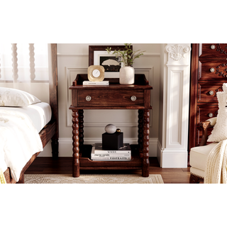 Sunvega Retro Style Queen Size Wood Platform Bed with Gourd Shaped Headboard and Slat Support