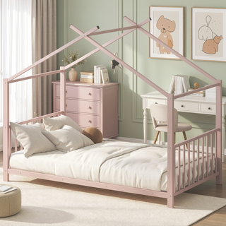 Sunvega Adorable Pink Twin Size Metal House Platform Bed Frame for Kids