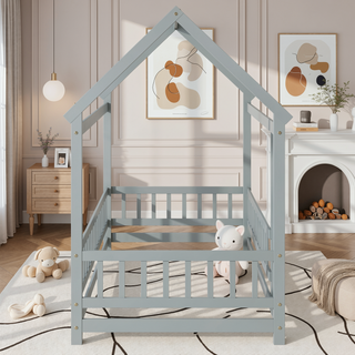 Sunvega Twin Size Wooden Floor Bed with Roof Frame and Safety Guardrails in Grey