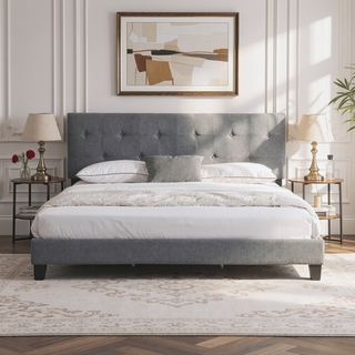 Sunvega King Size Upholstered Platform Bed with Button Tufted Linen Headboard