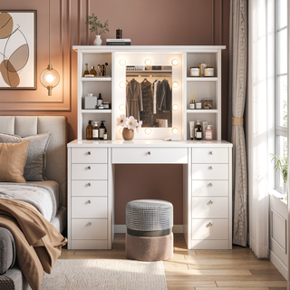 Sunvega Makeup Vanity Desk with 11 Drawers and Large Storage, 10 Bulb LED Mirror with 3 Lighting Modes