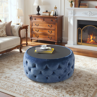 Sunvega Modern Glam Velvet Ottoman with Tempered Glass Top and Button Tufting