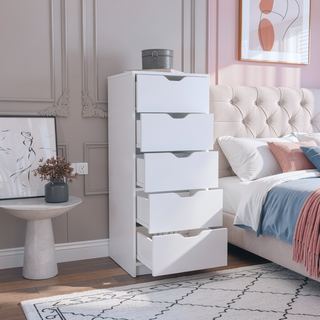 Sunvega Slim White 5-Drawer Storage Chest Dresser for Bedroom with Pull-Out Mechanism